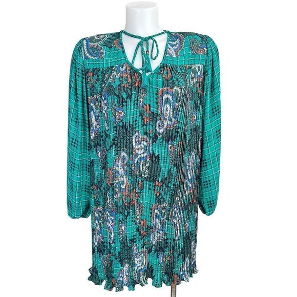 DIANE FREIS Vintage Paisley Pleated Chiffon Longsleeve Mini Dress / Tunic size M - Picture 1 of 9